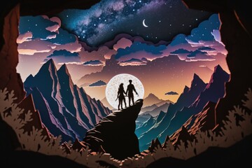 Aufkleber - A Couple Standing On Top Of A Mountain Under A Night Sky Lunar Landscape Paper Cutting Digital Illustration