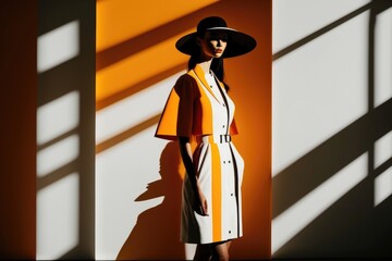 Poster - A Woman In A Hat And Dress Standing In A Room With A Yellow Wall Art Museum Fashion Photography Fashion Photography Generative AI 