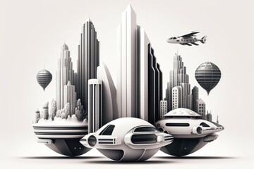 Poster - A Futuristic City With A Futuristic Car And A Plane Flying Over It Modern Urban Skyline Art Deco Architectural Design Generative AI 