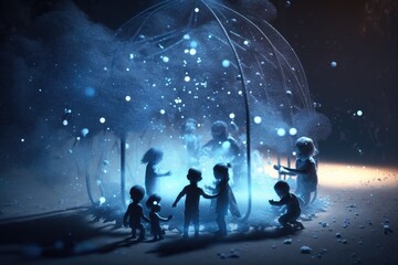 Poster - a group of children standing under an umbrella in the snow at night lunar landscape installation art