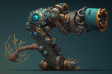 Poster - a computer generated image of a mechanical arm with a tree branch power plant kinetic art robotics e