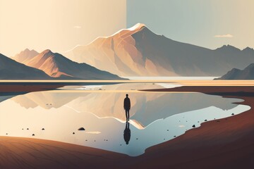 Wall Mural - A Man Standing In Front Of A Lake Surrounded By Mountains And A Sky Mountain Animation Natural Language Processing Generative AI 