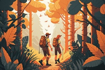 Wall Mural - Two People Walking Through A Forest With Backpacks On Their Backs Mountain Trail In Autumn Forest Environmental Art Adventure Travel Generative AI 