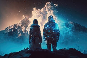 Poster - Two People Standing In Front Of A Mountain With A Sky Filled With Stars Lunar Landscape Digital Art Astronomy Generative AI 