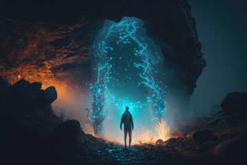 Aufkleber - A Man Standing In A Cave With A Blue Light Coming From It Forest Night Photography Energy Healing Generative AI 