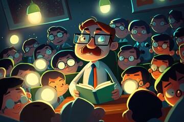 Poster - A Man Reading A Book In Front Of A Crowd Of People Classroom Animation Animation Filmmaking