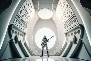 Poster - A Man Standing In A Futuristic Looking Room With A Guitar In His Hand Tundra Infrared Photography Music Generative AI 