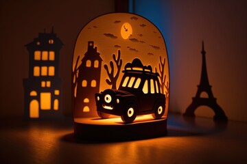 Poster - A Paper Cut Of A Car In A Night Scene With The Eiffel Tower In The Background Lunar Landscape Paper Cutting Lighting Design Generative AI 