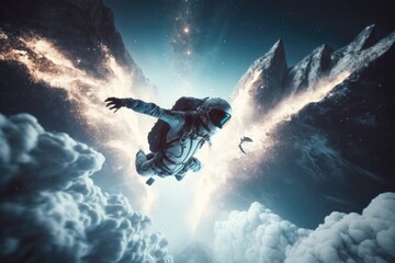 Aufkleber - A Man In A Space Suit Is Flying Through The Sky Above Clouds Lunar Landscape Surrealism Fiction Writing Generative AI 