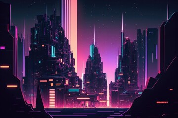 Poster - A Futuristic City With A Neon Purple Glow And A Neon Pink Background City Skyline Art Deco Cities Generative AI 