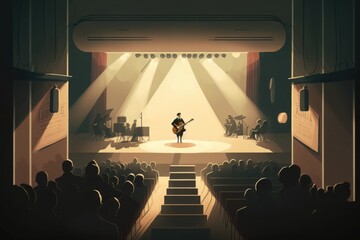 Poster - A Person Standing On A Stage With A Guitar In Front Of A Crowd Concert Hall Concert Photography Music Performance Generative AI 
