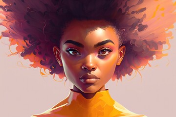 Poster - A Woman With A Afro Is Looking At The Camera With A Serious Look Savanna Photorealism Digital Illustration