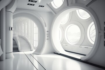 Poster - a white room with a staircase and round windows in it's walls factory photorealism industrial photog
