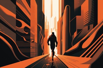 Poster - A Man Walking Down A Street In A Futuristic City With Tall Buildings Modern City Skyline In The Morning With Sunrise Animation Motion Graphics Generative AI 