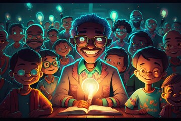Poster - A Man Is Reading A Book With Many Children Around Him And A Light Bulb In His Hand Library Animation Science Education Generative AI 