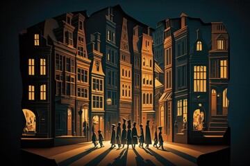Poster - A Group Of People Standing In Front Of A Building At Night City Street At Night Paper Cutting Digital Illustration Generative AI 