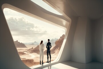 Poster - A Couple Of People Stan
ding In Front Of A Window Looking Out Lunar Landscape Advertising Photography Set Design Generative AI 