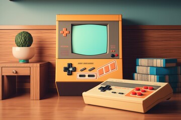 Poster - A Nintendo Game Console Sitting On A Wooden Floor Next To A Cactus Arcade Video Art Computer Graphics Generative AI 