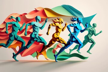 Poster - A Group Of Paper Cut Out Of People Running Together With A Colorful Umbrella Sports Bar Sports Photography Sports Coaching Generative AI 