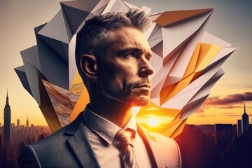 Poster - A Man In A Suit And Tie Standing In Front Of A City Modern City Skyline At Sunset Graphic Design Executive Coaching Generative AI 
