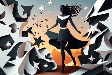 Poster - A Woman In A Dress Is Surrounded By Stars And Shapes In A Graphic Style Lunar Landscape Paper Cutting Print Design Generative AI 