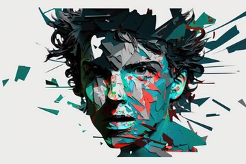 Poster - A Man With A Messy Haircut And A Blue Shirt Is Shown In A Digital Painting Junkyard Mosaic Print Design Generative AI 