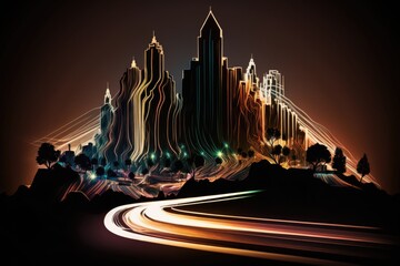 Poster - A City Skyline With A Car Light Trails In The Foreground Modern Urban Skyline Time-lapse Photography Supply Chain Optimization Generative AI 