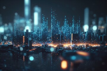 Poster - A City With Lots Of Buildings And Lights In The Night Time Modern Urban Skyline Animation Supply Chain Optimization Generative AI 
