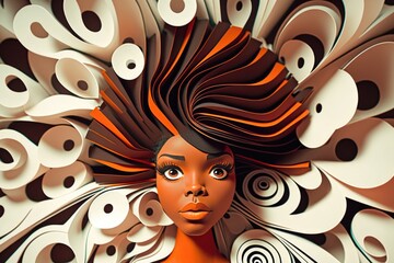 Poster - A Woman With A Large Orange And White Hair Is Surrounded By White And Brown Circles Library Paper Cutting Motion Graphics Generative AI 