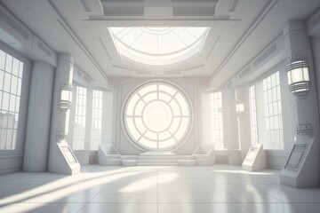 Poster - A Large Room With A Circular Window And A Lot Of Windows Old European Palace Interior Photorealism Set Design Generative AI 