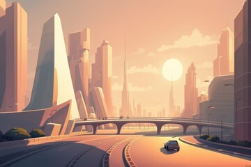 Poster - A Car Driving Down A Road In Front Of A City Skyline Modern City Skyline In The Morning Animation Cars