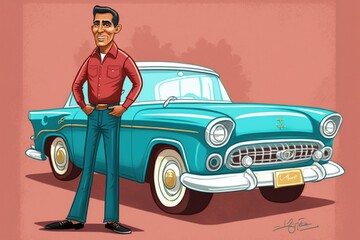 Poster - A Man Standing Next To A Blue Car With A Red Shirt On Car Dealership Animation Automotive Design Generative AI 