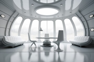 Poster - A Futuristic Room With A Table And Chairs And A Round Window Conference Room Panoramic Photography Industrial Design Generative AI 