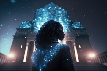 Poster - A Woman Standing In Front Of A Building With A Sky Background Art Museum Video Art Motion Graphics Generative AI 