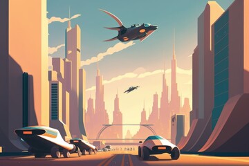 Poster - A Futuristic City With A Flying Object In The Sky Above It Modern Urban Skyline Animation Cars Generative AI 