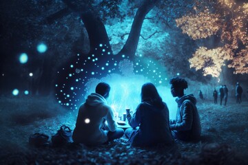 Poster - A Group Of People Sitting On The Ground In The Woods At Night Forest Long Exposure Photography Social Innovation Generative AI 