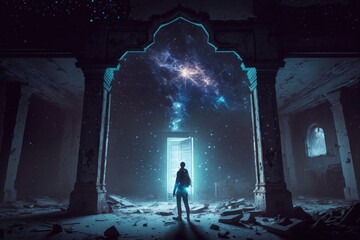 Wall Mural - A Man Standing In A Doorway With A Doorway Open To A Space Filled With Stars Deep Sea Trench Surrealism Fiction Writing Generative AI 