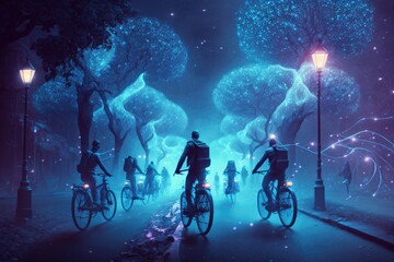 Fototapete - A Group Of People Riding Bikes Down A Street At Night With Lights City Street At Night Night Photography Motion Graphics Generative AI 