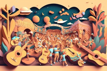 Poster - a group of people standing around a stage with guitars and guitars concert hall folk art latin ameri