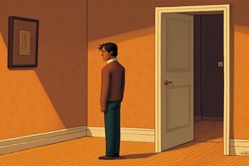 Poster - a man standing in a room with a door open and looking at another man bedroom minimalism animation fi
