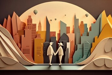 Poster - A Couple Of People Standing Next To Each Other In Front Of A City Art Deco Building Paper Cutting Motion Graphics Generative AI 