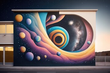Poster - a mural on the side of a building with a space theme graffiti wall graffiti art astronomy generative