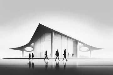 Fototapete - A Group Of People Walking Across A Large Open Area With A Building In The Background Subway Station Architectural Photography Architectural Design Generative AI 