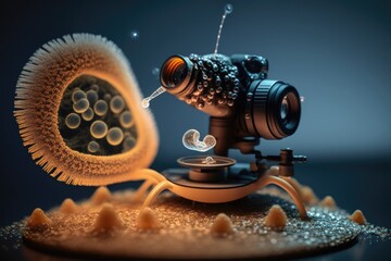 Poster - A Camera With A Lens Attached To It On A Table With A Piece Of Material Lunar Landscape Macro Photography Scientific Photography Generative AI 