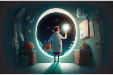 Fototapete - A Man Holding A Light Bulb In A Room With A Window Deep Sea Trench Advertising Photography Science Writing