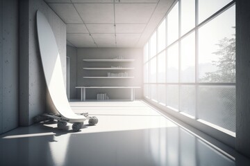 Poster - A Skateboard Is Laying On The Floor In A Room With Large Windows Conference Room Minimalism Interior Design