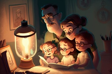 Poster - A Family Reading A Book Together In The Dark At Night Time Zoo Animation Animation Filmmaking