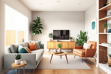 Poster - A Living Room With A Couch Chair Table And Television Living Room Photorealism Interior Design Generative AI 