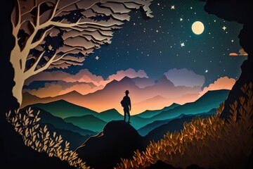 Aufkleber - A Man Standing On A Hill Looking At The Stars And The Moon Lunar Landscape Paper Cutting Adventure Generative AI 