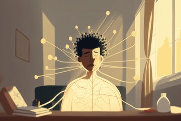 Poster - A Man With A Head Full Of Wires In His Hair Sitting At A Desk Bedroom Animation Animation Filmmaking